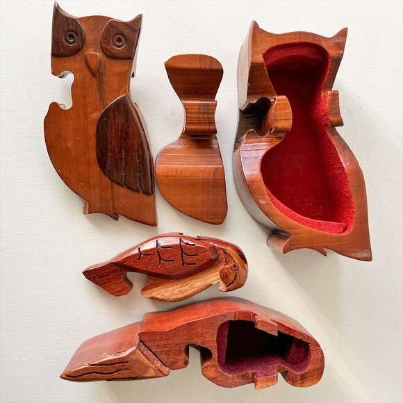 Owl Parrot Wooden Puzzle Boxes 2 Bird Animal Shaped Wood Trinket Boxes - Picture 3 of 6